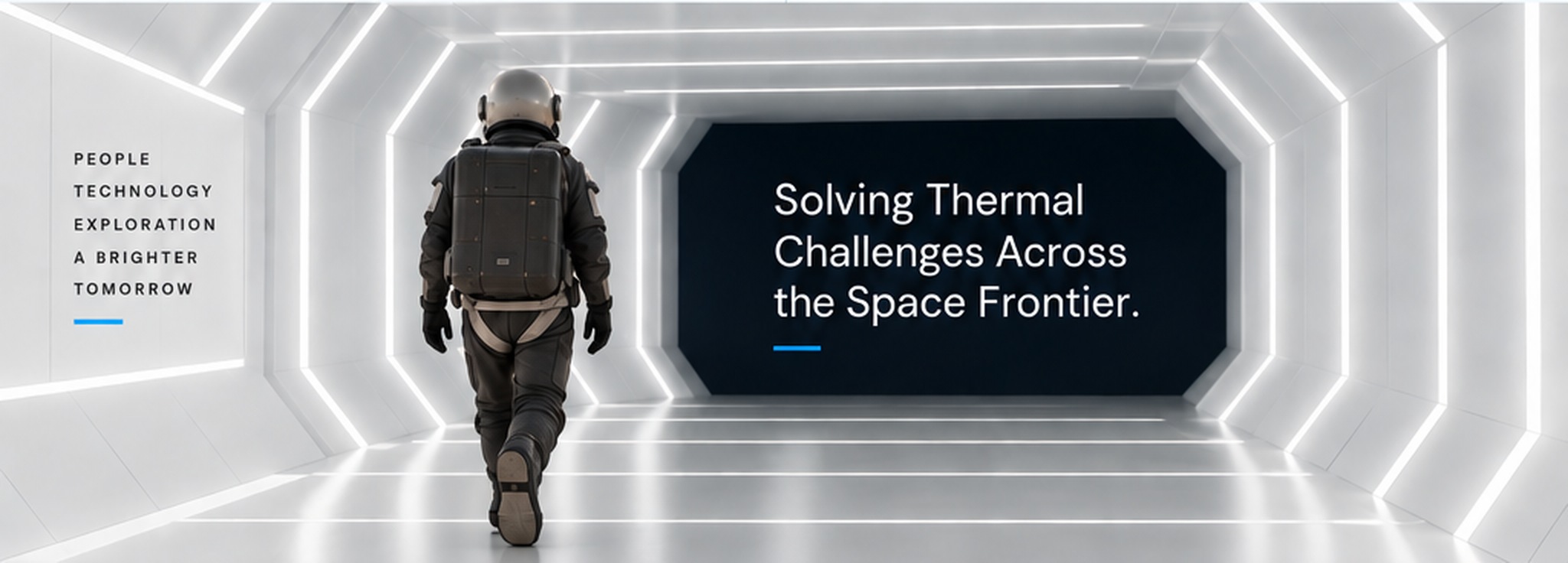 Astronaut walking through a bright futuristic spacecraft corridor with the message Solving Thermal Challenges Across the Space Frontier